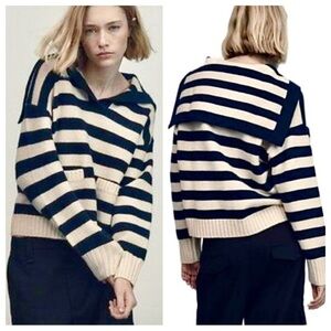 Zara Striped Sailor Collar Nautical sweater Cream Navy Oversized Cropped XS